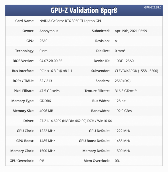 nvidia geforce rtx 3050 ti移动版规格已在gpu-z验证