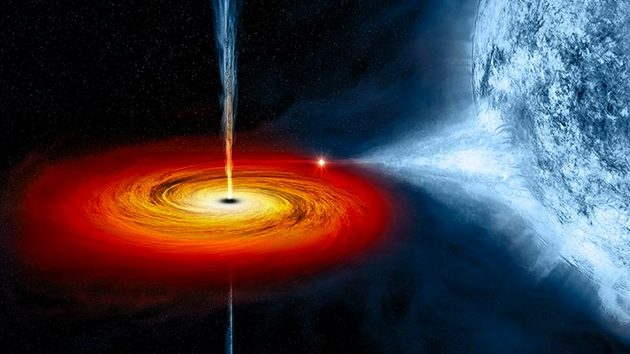 黑洞cygnus x-1正在吸食一旁的巨大蓝色伴星.