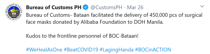 Screenshot_2020-03-28 Bureau of Customs PH on Twitter Bureau of Customs- Bataan facilitated the delivery of 450,000 pcs of [...].png