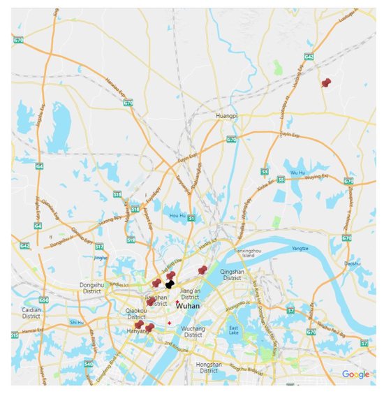▲居住地在武汉及周围地区的7名患者分布（红色为患者居住地，黑色为华南海鲜市场，红十字为本次提供数据的两家医院）（图片来源：参考资料[1]）