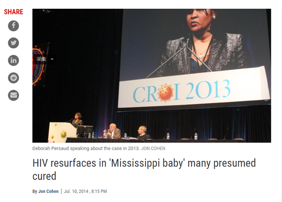 　Science 曾报道被治愈的‘密西西比婴儿’在 2 年后，HIV 病毒重新浮现
