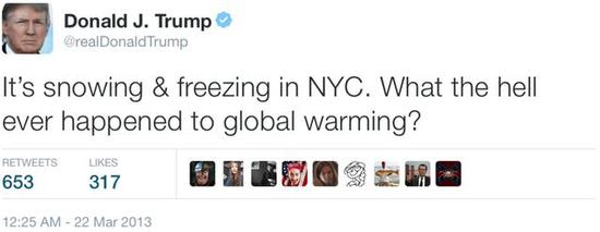 “纽约正在下雪，好冷。说好的全球变暖呢？”特朗普当选总统前就在社交媒体多次发表否认全球变暖的言论。（图片来源于网络）