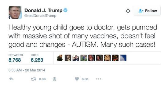 特朗普当选总统前就多次在社交媒体传播“疫苗导致自闭症”的阴谋论。（图片来源于网络）