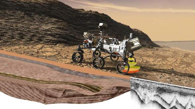 RIMFAX研究火星车下方地层，渲染图。