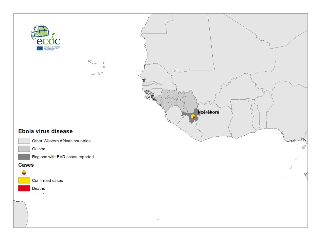 △出现埃博拉病例的几内亚东南部恩泽雷科雷省位置图。