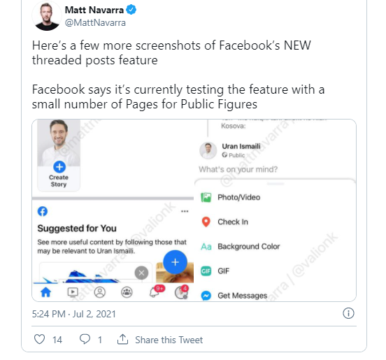 facebook正在公众人物的页面上测试类似twitter的会话线程功能