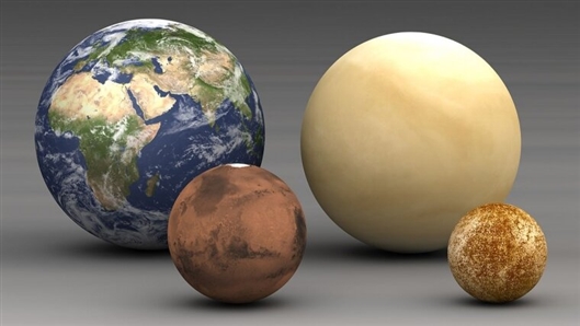 按比例显示太阳系内的类地行星。根据“后期吸积”理论，火星和水星（前左和右）是原始胚胎碰撞后留下的，金星和地球则是在一系列巨大的撞击中成长起来的。新研究集中在天体碰撞“撞后逃逸”带来的效应方面，认为原地球（后左）充当了一个“先锋”，在“撞后逃逸”碰撞中减慢行星大小的天体的速度。但最终吸积它们的往往是原金星（后右），这意味着金星更容易从太阳系外获得天体。图片来源：NASA