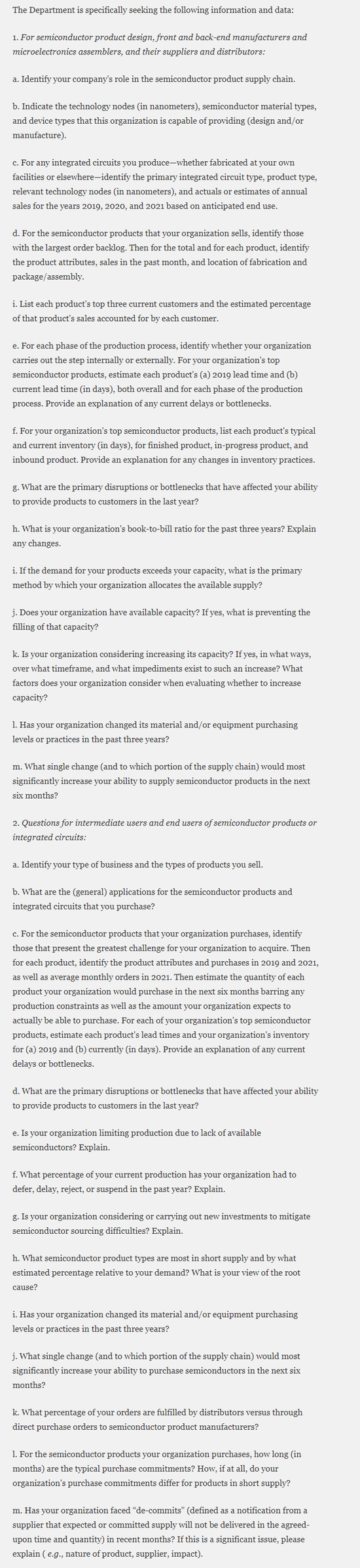 美国政府官网公布的调查问卷中，芯片供应厂商需要回答的问题清单