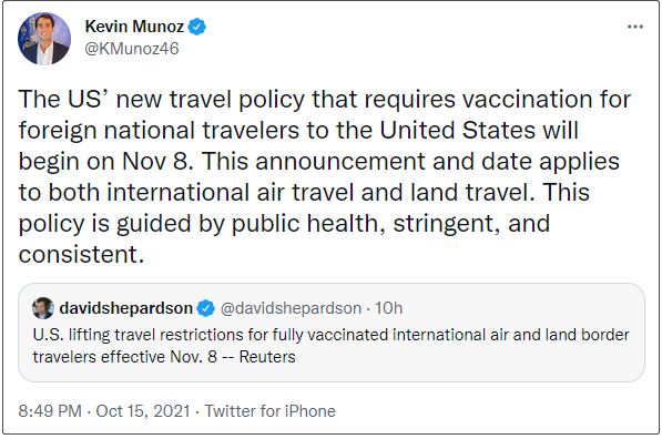 白宫新闻秘书助理凯文·穆尼奥斯15日在推特上公布新政策。来源：推特截图
