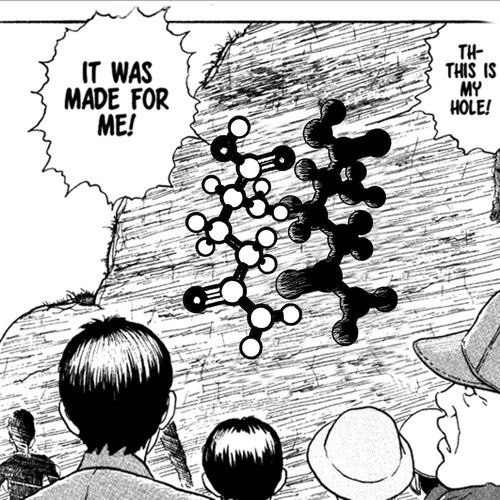 一个谷氨酰胺分子正在滑入专门为其设计的洞状结构中，这类似于伊藤润二( Junji Ito)创作漫画《阿弥壳断层之怪》中的情节。