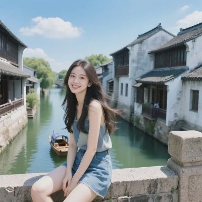 女生头像｜时尚江南杀！拼色背心、古建、小船，在水乡前美成时尚插画 - 图片 3