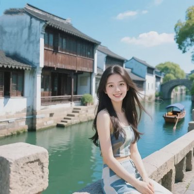 女生头像｜时尚江南杀！拼色背心、古建、小船，在水乡前美成时尚插画 - 图片 4