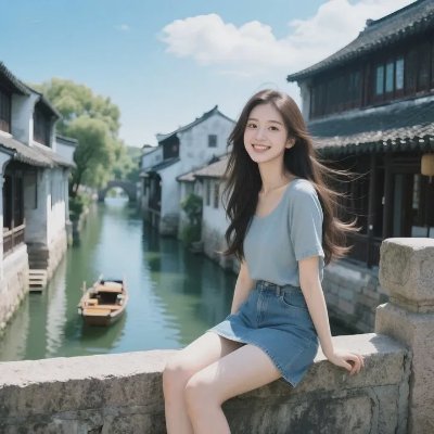 女生头像｜时尚江南杀！拼色背心、古建、小船，在水乡前美成时尚插画 - 图片 1