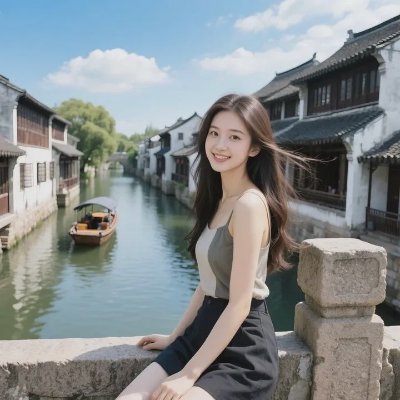 女生头像｜时尚江南杀！拼色背心、古建、小船，在水乡前美成时尚插画 - 图片 2