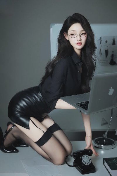 皮裙御姐吊带黑丝美腿写真 - 图片 1
