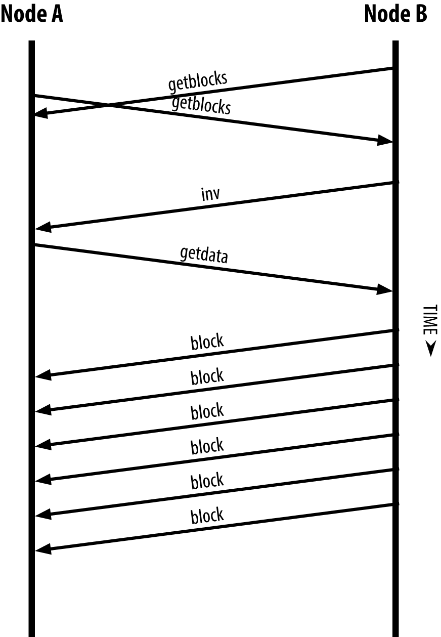 节点通过从对等节点读取区块来同步区块链图8-6